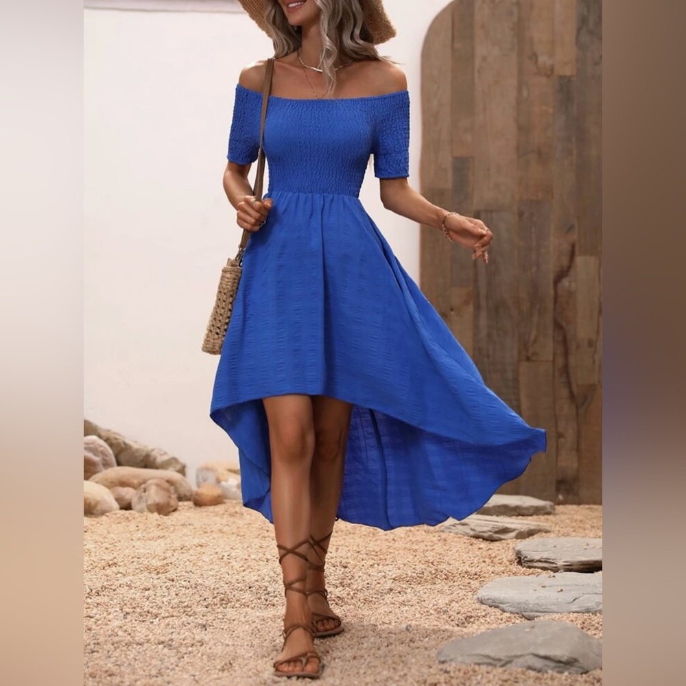 Blue Off Shoulder High Low Hem Dress